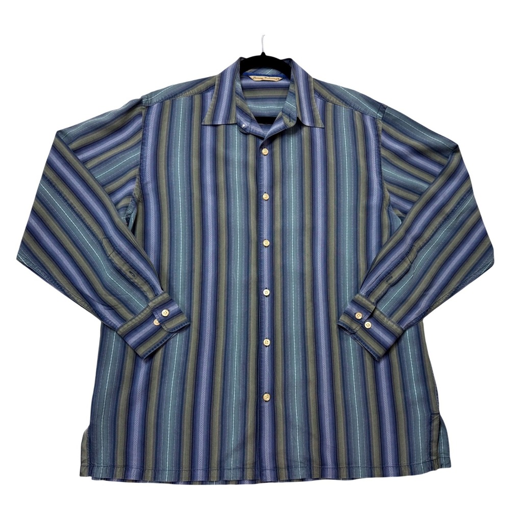 Tommy Bahama Button Down Shirt Mens L Blue Excellent Silk Striped Long Sleeve